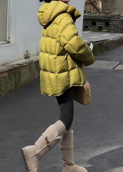 Green Hooded Zippered Drawstring Duck Down Down Coat Winter