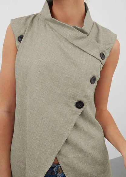 Khaki Cotton Top Asymmetrical Stand Collar Button Sleeveless