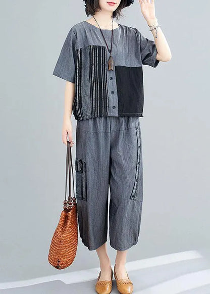 Grey Patchwork Print Two Piece Set Clothing Summer Linen