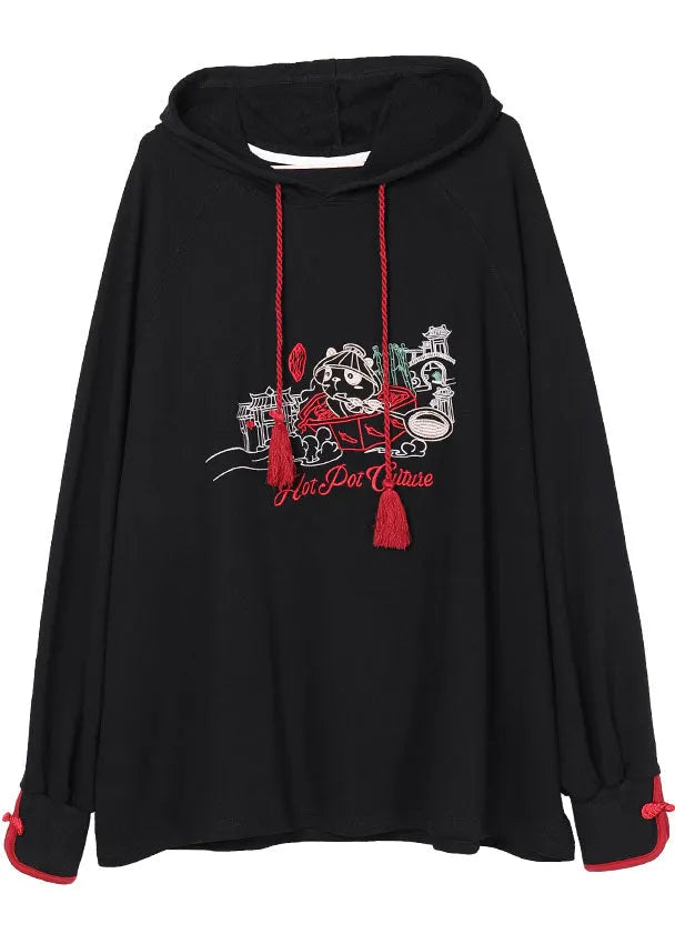Black Hooded Embroideried Drawstring Fall Loose Sweatshirts Top