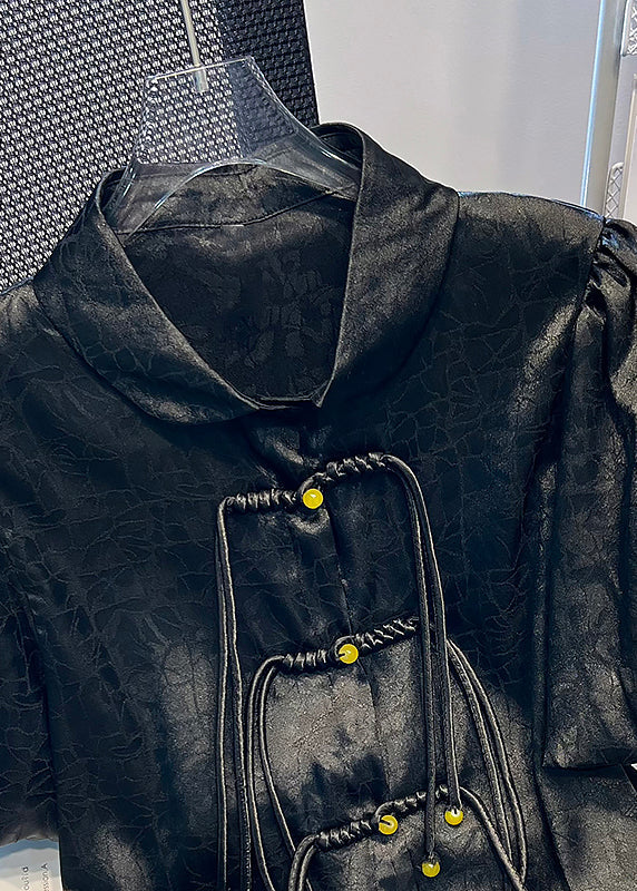 Black Tassel Button Satin Shirt Puff Sleeve