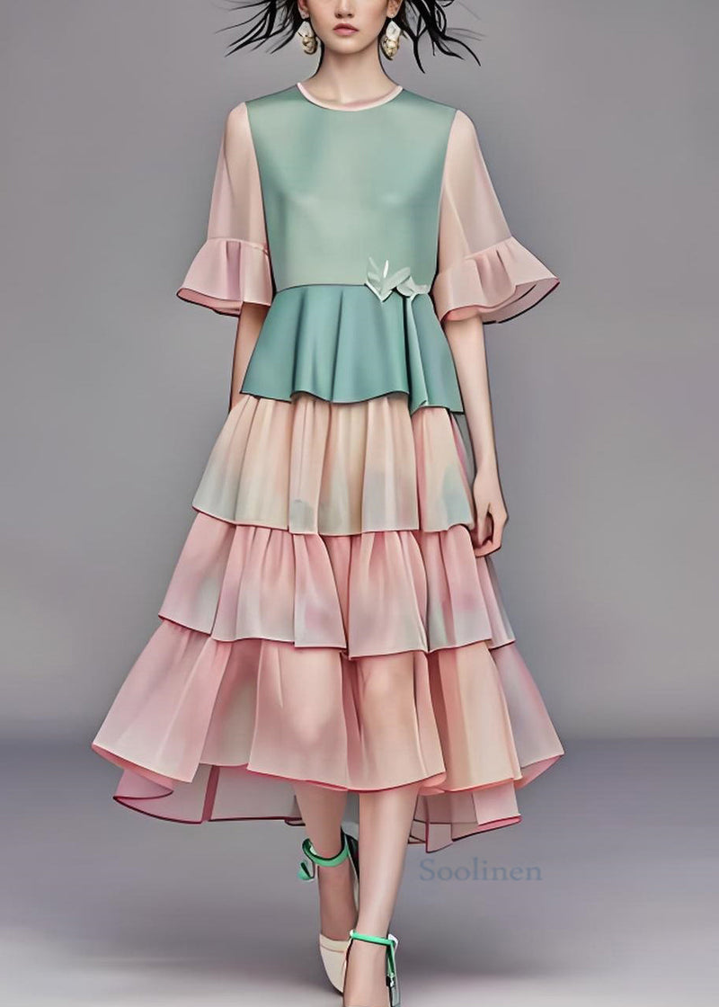 Modern O Neck Ruffled Layered Patchwork Chiffon Dress Summer