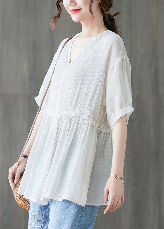 White V Neck Ruffled Tank Tops Short Sleeve