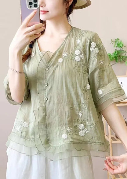 Green Ruffled Embroideried Patchwork Linen Blouse Top Summer