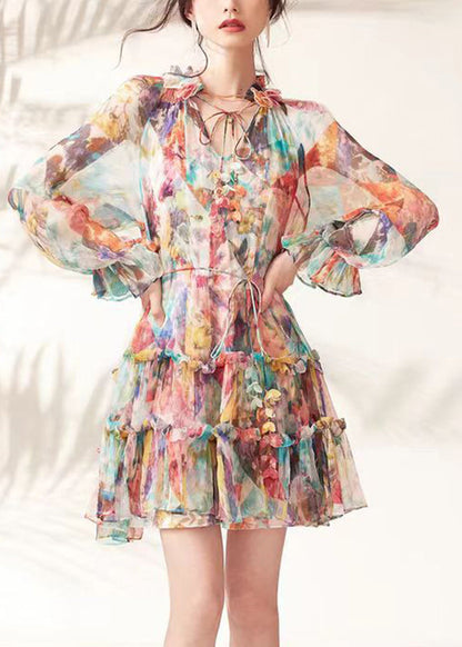 Rainbow Print Ruffled Lace Tie Mid Dresses Spring