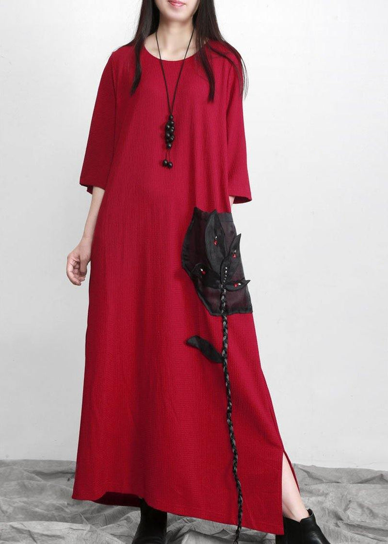 Red Patchwork Appliques Pockets Dress Fall