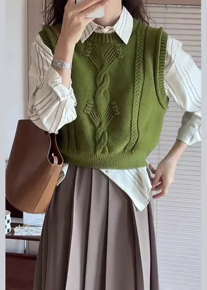 Green O Neck Patchwork Cozy Cotton Knit Waistcoat Sleeveless