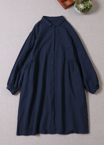 Classy Navy Peter Pan Collar Button Shirts Dress Spring