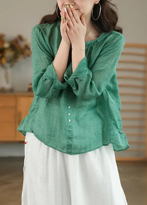 Green Patchwork Ruffles Linen Blouses Long Sleeve