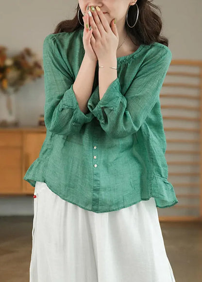 Green Patchwork Ruffles Linen Blouses Long Sleeve