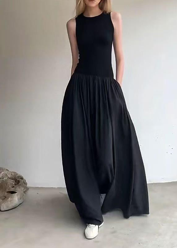 Italian Black Patchwork Silm Robe Cotton Dresses Sleeveless