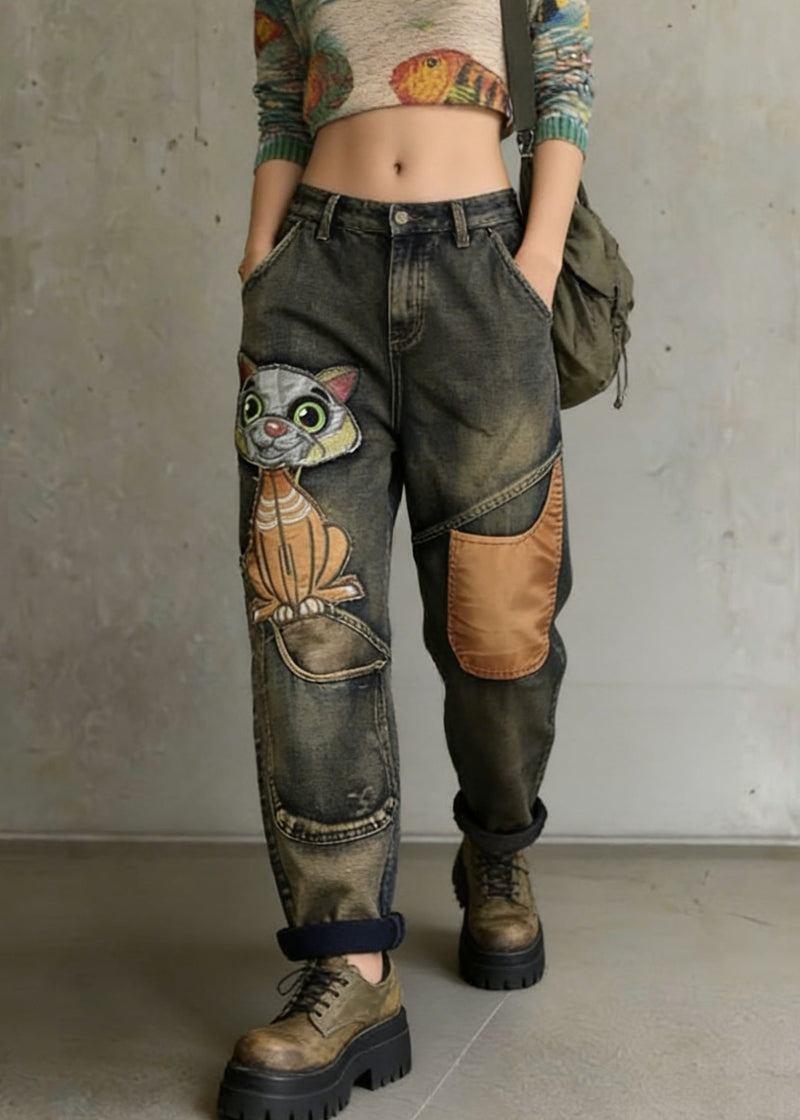 Cat Embroidery Patchwork Mid Waist Loose Denim Harem Jeans
