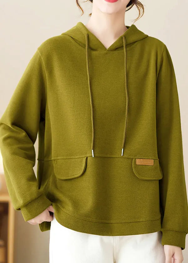 Loose Green Hooded Patchwork Cotton Pullover Fall