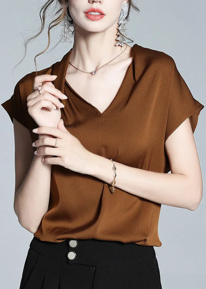 Boutique Coffee V Neck Silk Shirt Short Sleeve