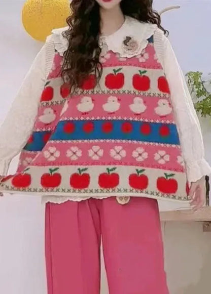 Pink Embroideried Patchwork Cozy Cotton Knit Waistcoat Sleeveless
