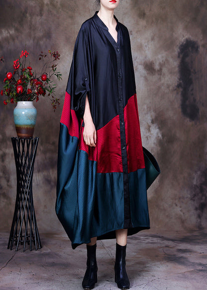 Black Red Green Patchwork Low High Design V Neck Button Trench Coat Long Sleeve