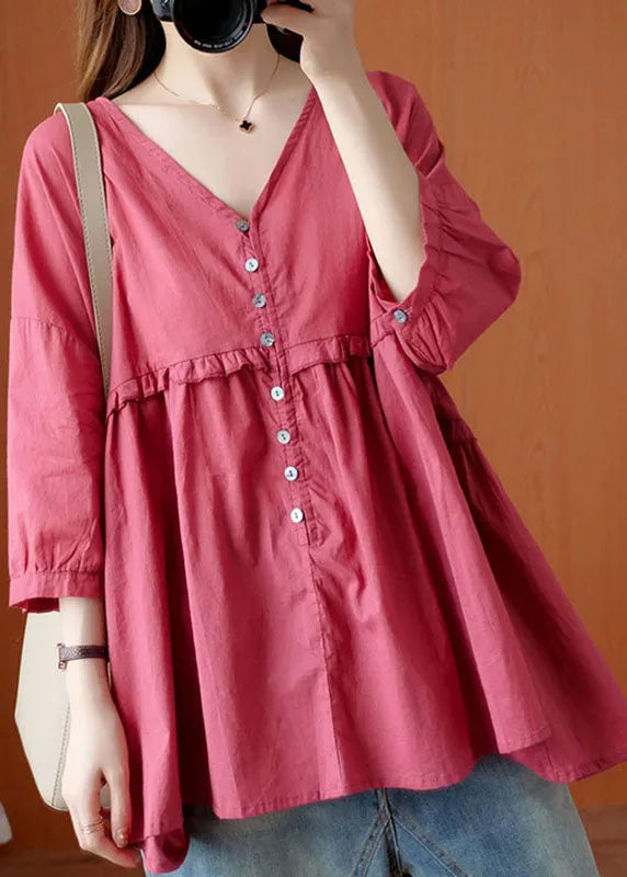 Rose V Neck Button Asymmetrical Design Ruffled Fall Shirt Half Sleeve