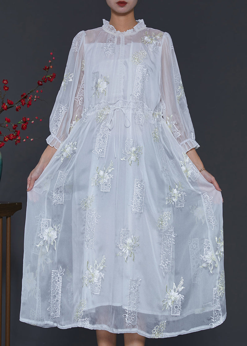 White Embroidered Silk Cinched Dresses Summer