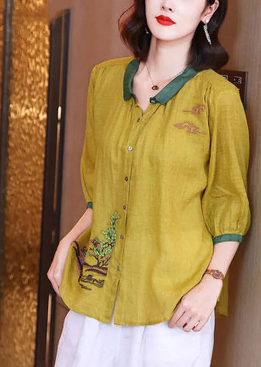 Unique Yellow Peter Pan Collar Embroiderie Button Linen Top Long Sleeve