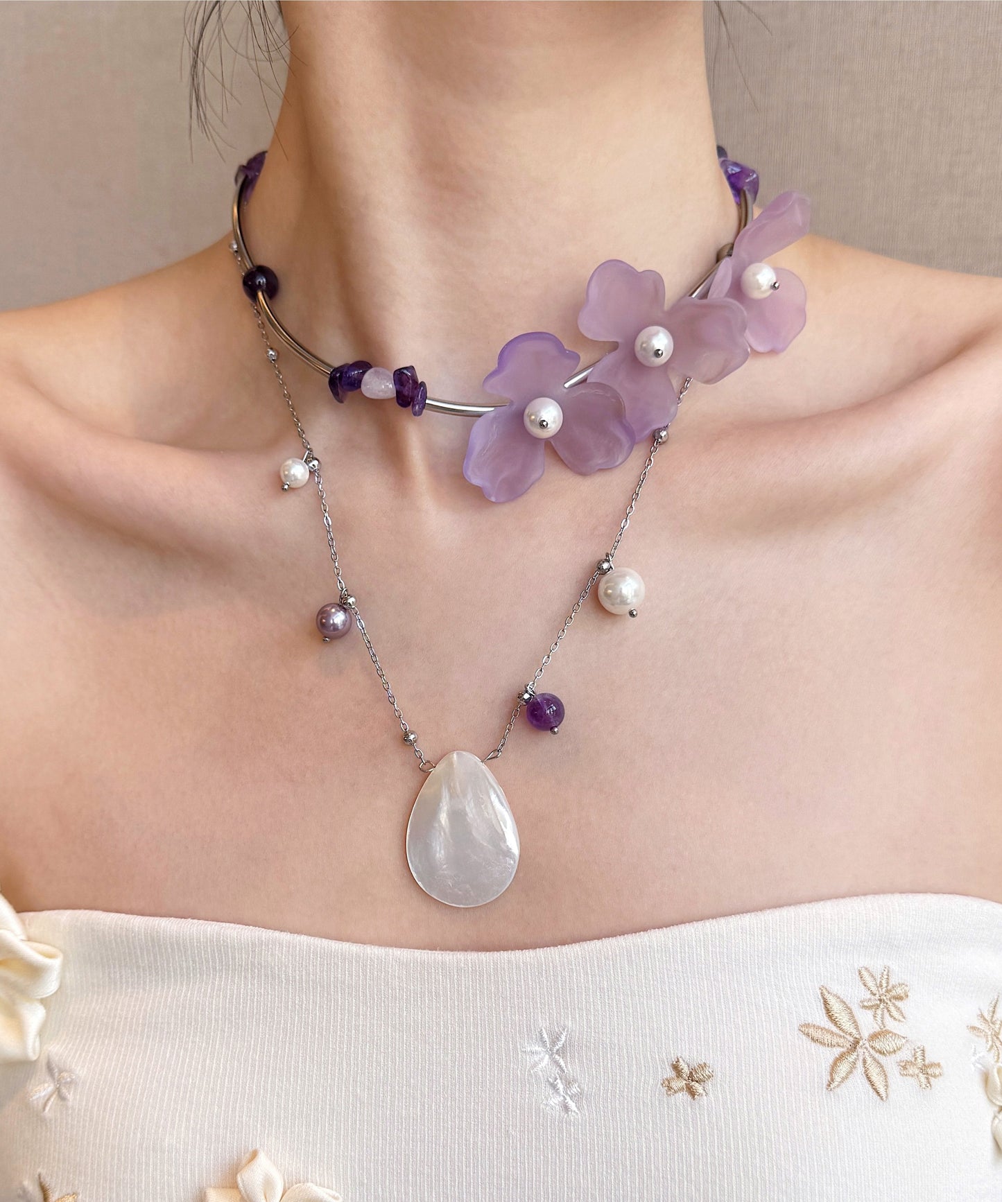 Purple Pearl Shell Alloy Two Piece Set Pendant Necklace