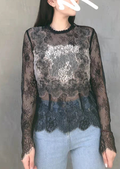 Black Hollow Out O-neck Embroideried Lace Top Long Sleeve
