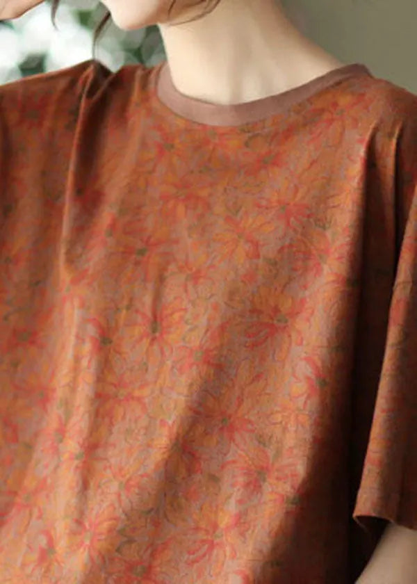 Brown Print Cotton Tanks O-neck Asymmetrical Batwing Sleeve