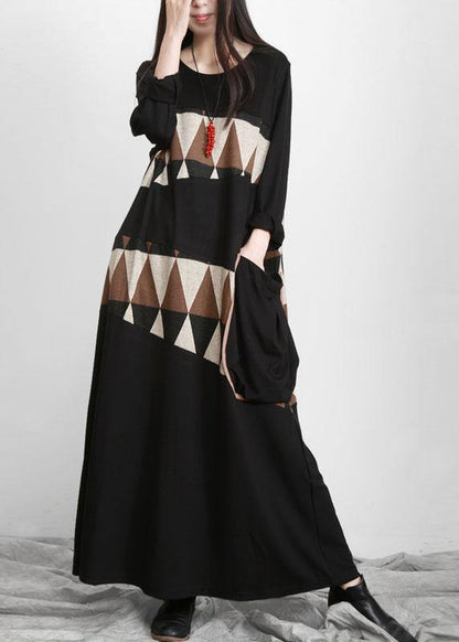 Black Patchwork Print Pockets Asymmetrical Design Maxi Dress Fall