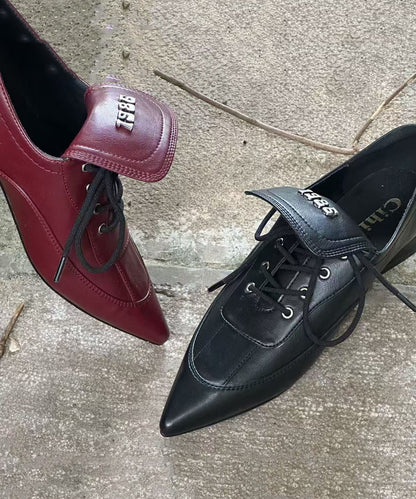 Black Faux Leather Splicing Lace Up Pointed Toe Shoes