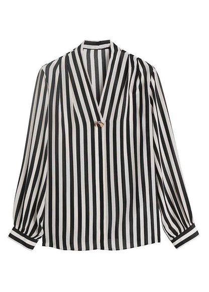 Black V Neck Striped Patchwork Silk Shirt Tops Spring