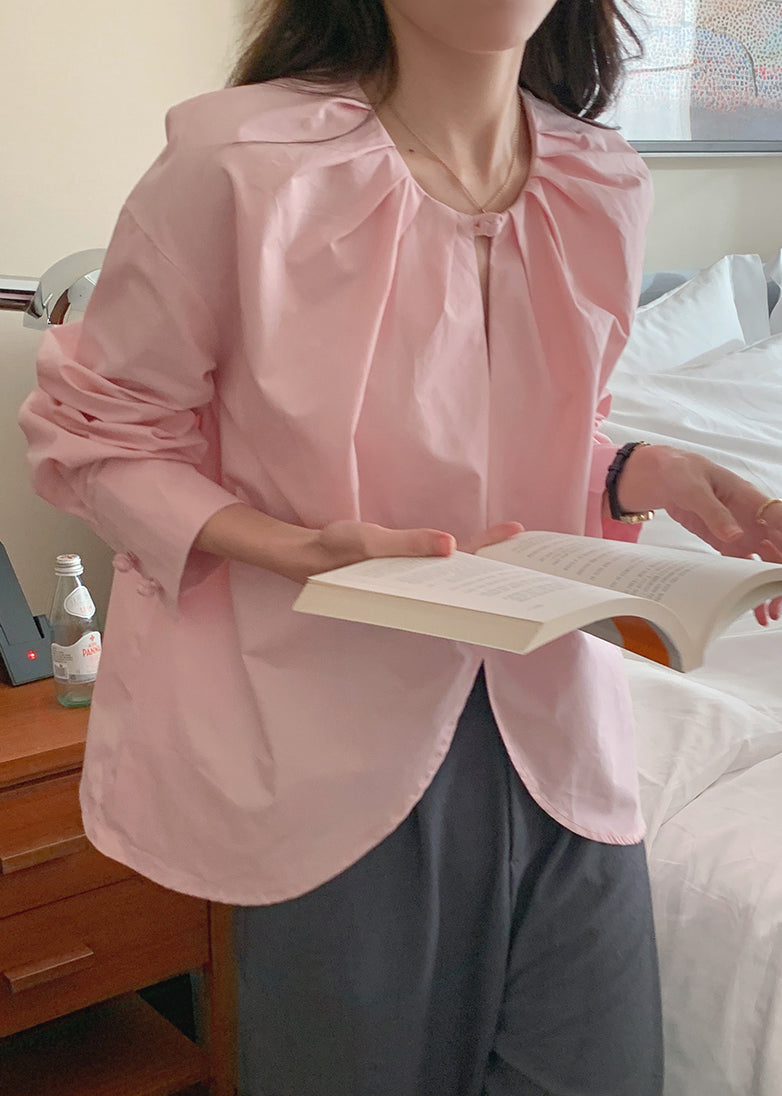 Pink O-neck Chinese Button Cotton Shirt Top Spring