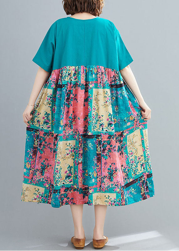 Green Print Cotton Maxi Dresses O-neck Oversized Summer