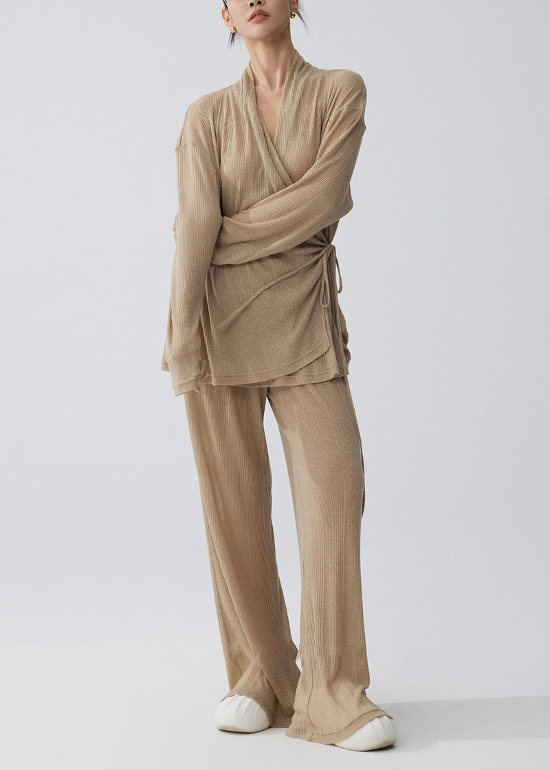 Coffee Tie Waist Side Knit Two Pieces Set Summer