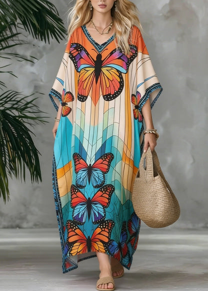 Stylish V Neck Butterfly Print Chiffon Maxi Dresses Summer
