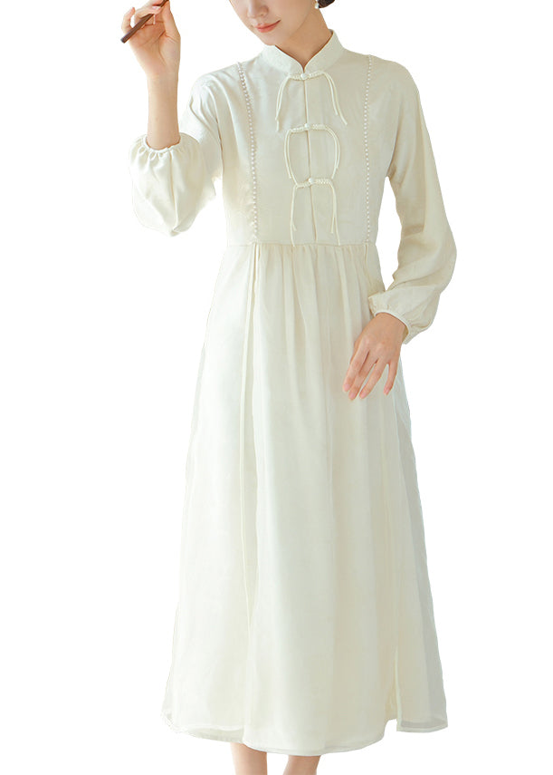 White Chinese Button Silm Fit Silk Dress Fall