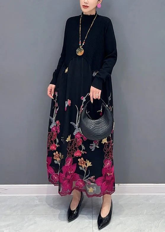 Rose Turtleneck Embroideried Tulle Patchwork Dress Fall