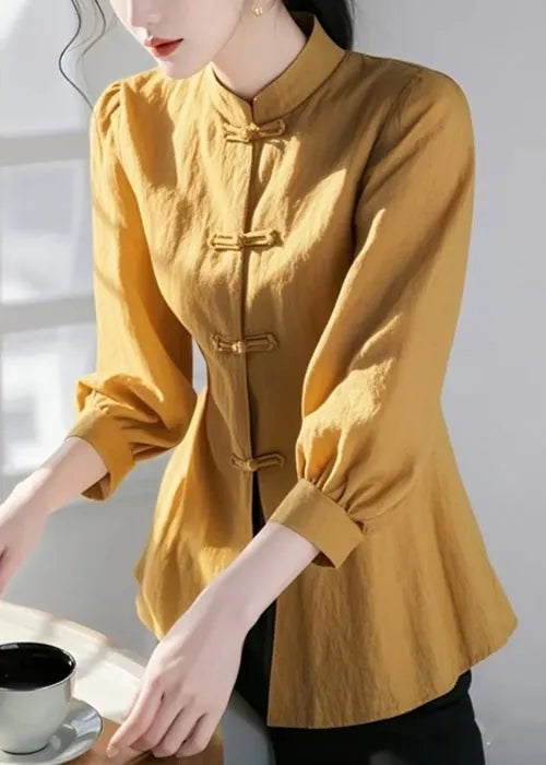 Loose Green Stand Collar Button Cotton Blouse Bracelet Sleeve Fall