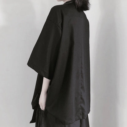 Notched Patchwork Tunic Shape Black Blouses