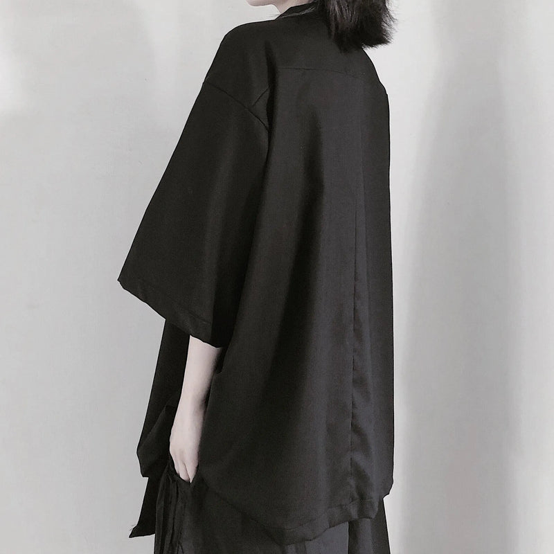 Notched Patchwork Tunic Shape Black Blouses