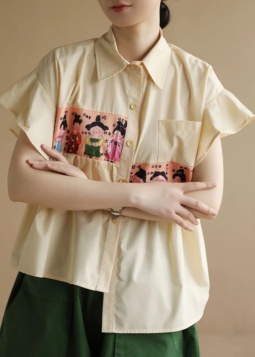 Yellow Asymmetrical Patchwork Ruffles Print Cotton Blouse Top Short Sleeve