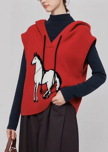 Red Hooded Horse Knit Vests Winter