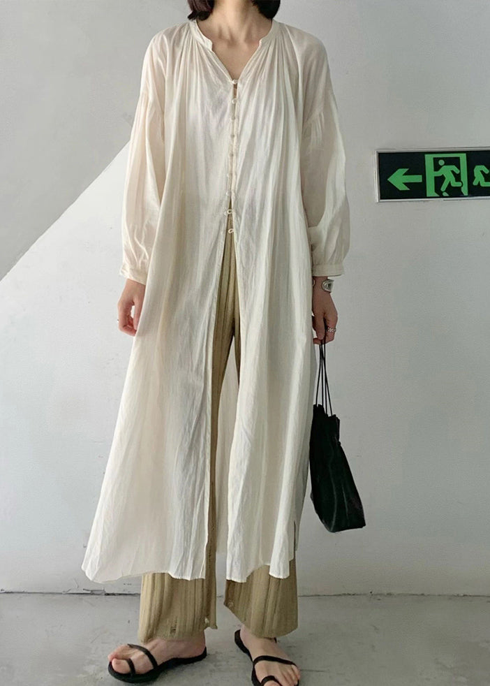 Loose Beige O-neck Button Long Upf 50+ Coat Long Sleeve