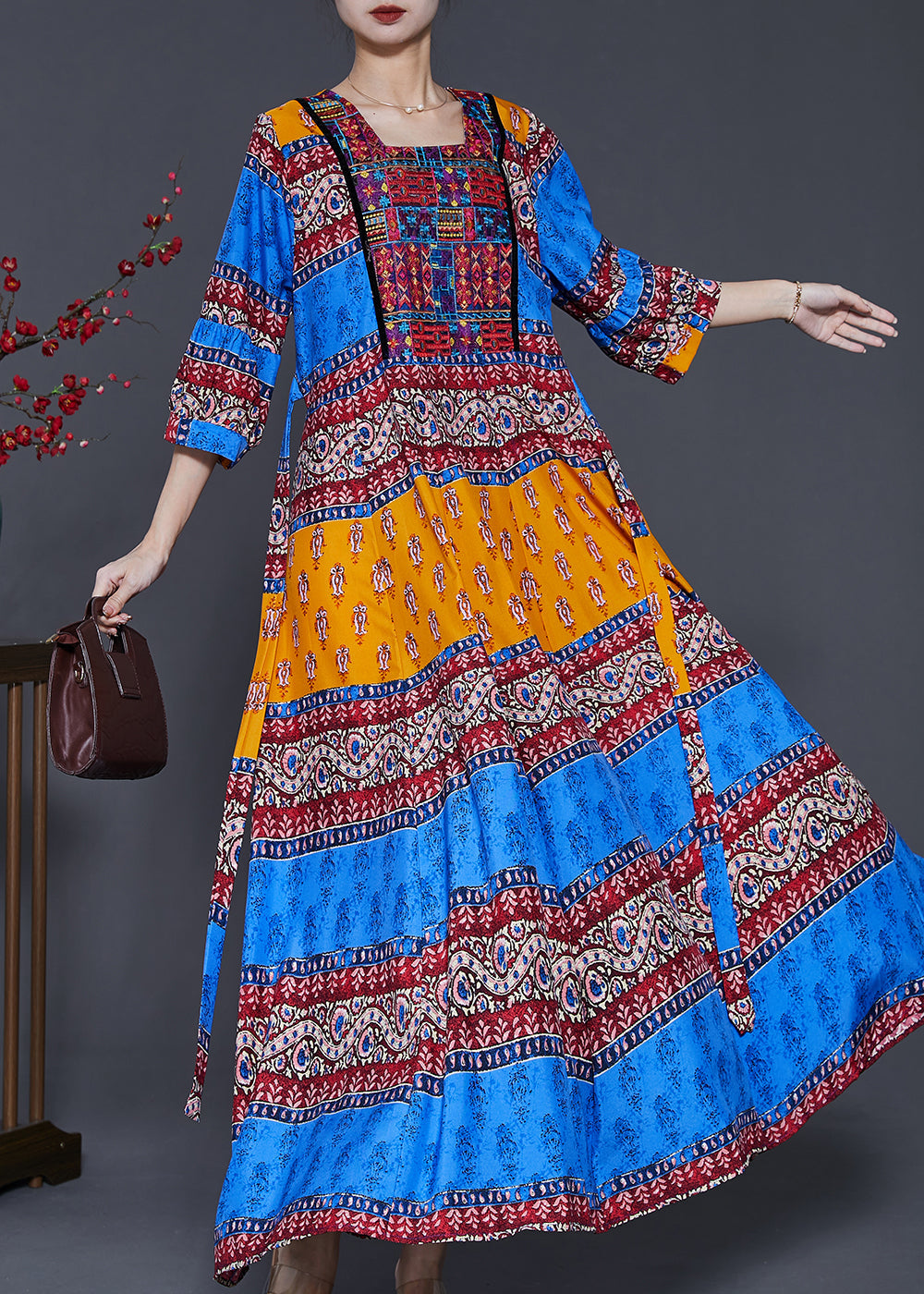 Peacock Blue Print Exra Large Hem Silk Dresses Summer