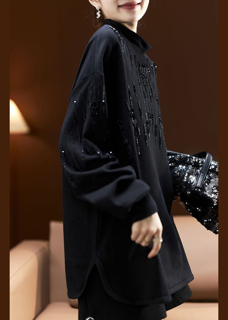 Dark Gray Turtleneck Nail Bead Cotton Sweatshirt Long Sleeve