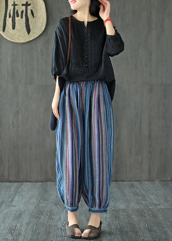 Black Oversized Linen Tank O-neck Wrinkled Oriental Button Short Sleeve