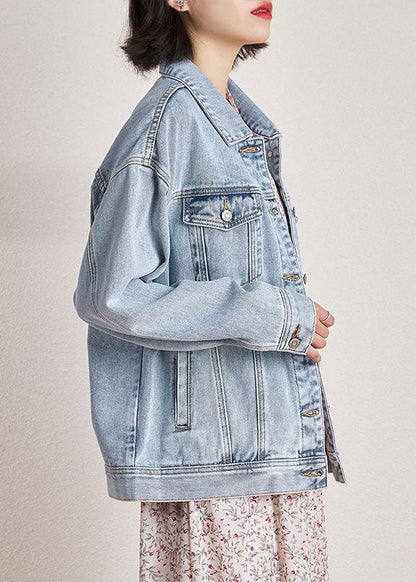 Light Blue Peter Pan Collar Oversized Pockets Denim Coats Spring