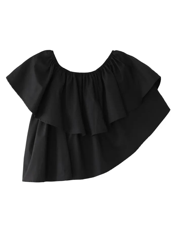French Black Asymmetrical Ruffled Cotton Blouses Sleeveless