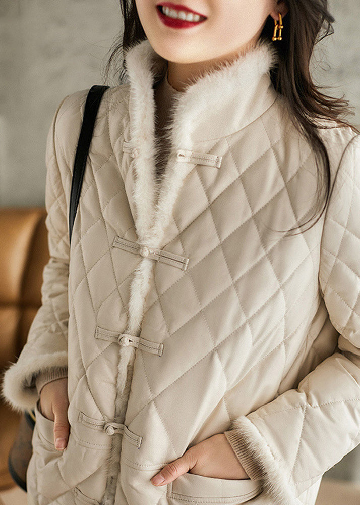 White Stand Collar Button Pockets Sheepskin Down Coat Long Sleeve