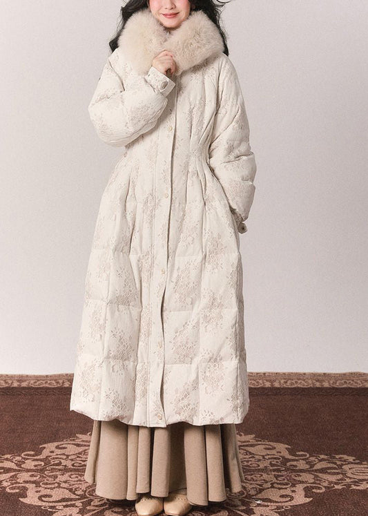 Beige Fur Collar Print Button Tunic Maxi Down Jackets Winter