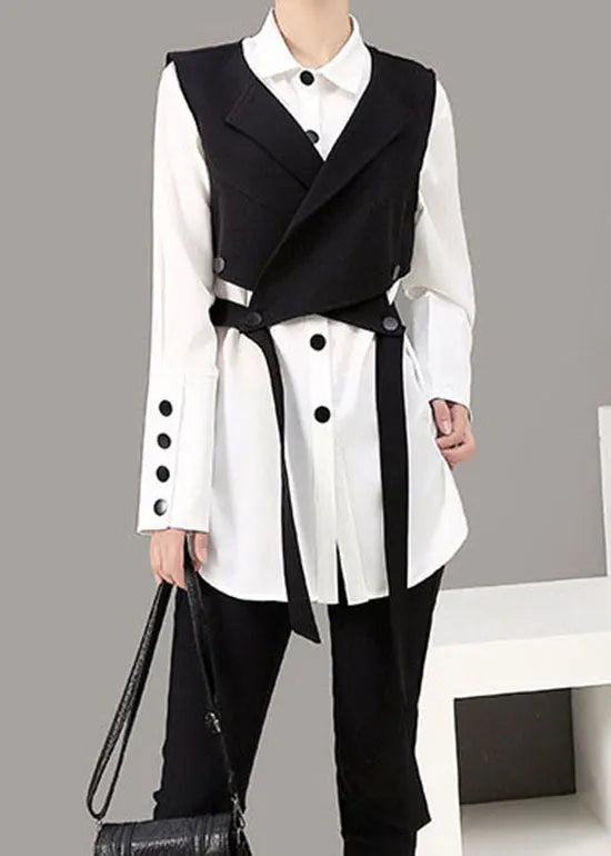 Loose Black Peter Pan Collar Button Shirt Vest Two Piece Suit Set Spring