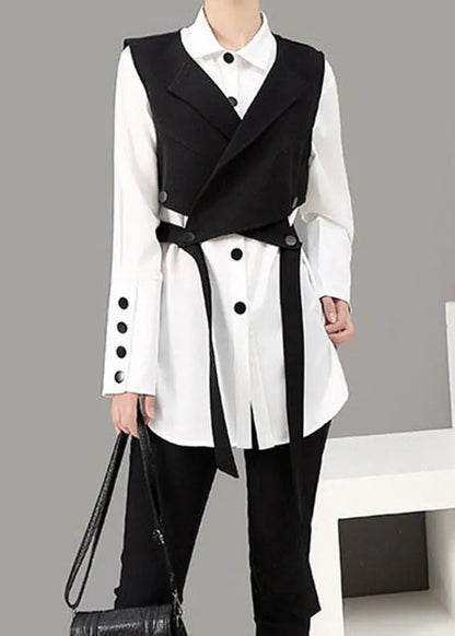 Loose Black Peter Pan Collar Button Shirt Vest Two Piece Suit Set Spring